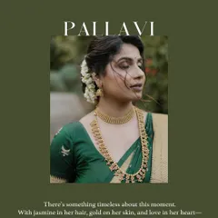An artistic bridal portrait of Pallavi in her traditional green and gold saree. The jasmine in her hair and the serene expression make this a timeless and beautiful image.