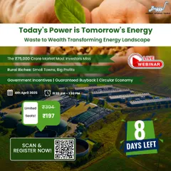 Another countdown graphic for our "Waste to Wealth" webinar, this image shows a large-scale Bio-CNG facility. It emphasizes the profit potential in converting farm waste and securing government subsidies, which can cover up to 40% of project costs.