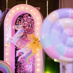 A giant pastel lollipop prop adds to the whimsical candy-land feel of the unicorn party. All our props are designed to fit the theme perfectly.