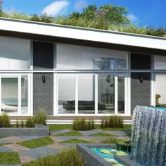 A seamless spatial progression defines this clubhouse, where double-height volumes open to expansive outdoor views. The architecture is designed to integrate the built and natural environments, creating dynamic levels within a lush, green setting complete with a waterfall feature.