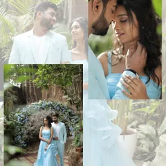 A collage capturing the love between the couple at their pastel blue themed brunch. The decor, featuring a beautiful floral arch, provided the perfect romantic backdrop for their pre-wedding photoshoot.