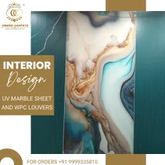 A beautiful pairing of our teal WPC louvers with an abstract blue and white UV marble sheet. The combination of textures and colors creates a unique and artistic interior design statement.