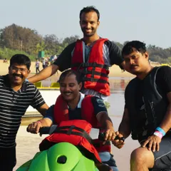 Smiles all around after a thrilling jet ski ride in Goa. I ensure corporate offsites include a perfect mix of adventure and leisure, giving teams a chance to unwind and connect outside the office.