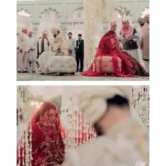 Two moments from the ceremony, showing the couple seated for the rituals and a close-up of the bride. The cascading white floral garlands create a delicate and beautiful screen, adding to the sanctity of the moment.