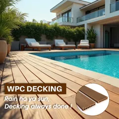 This is the dream poolside setup. I used my premium WPC decking planks here to create a luxurious, slip-resistant, and completely waterproof deck. It has the warm look of natural wood but is built to withstand sun and water without any fuss, making it perfect for creating a private resort feel at home.