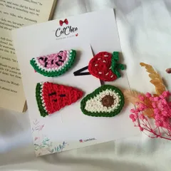 Add some fruity fun to your hair with our crochet fruit clips. This set includes watermelon, strawberry, and avocado designs.