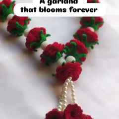 My premium crochet rose garland is a piece that truly lasts forever. Each rose is crafted with vibrant red yarn and woven with delicate moti, making it a beautiful keepsake for weddings or to decorate your home mandir.