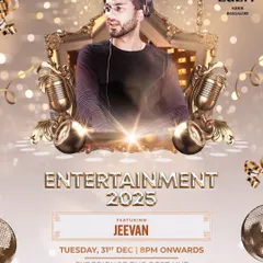 The official event poster for 'Entertainment 2025', my New Year's Eve event at The Lalit Ashok. I am often featured as the headline DJ for major holiday celebrations.
