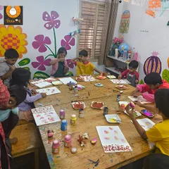 A snapshot of our studio during a vegetable printing session. You can see the focus and engagement as each child uses natural materials to create patterns. This is what happy, hands-on learning looks like.