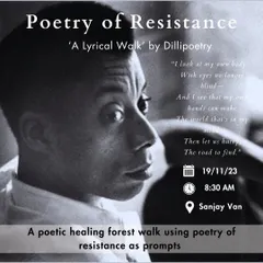 A poster for one of my 'Lyrical Walks' focused on the Poetry of Resistance. These walks combine the healing power of nature with the stirring words of poets like James Baldwin, using the forest as a space for reflection on resilience and social change.