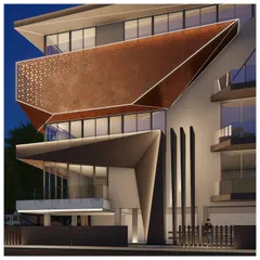 A closer view of the modern residence, highlighting the integrated LED lighting that traces the building's sharp angles. This detail emphasizes the structure's form and adds a futuristic feel at night.