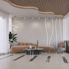 This is a design concept for a club reception area. We used earthy brown and beige tones, curved furniture, and modern lighting to create a sophisticated and welcoming space for members.