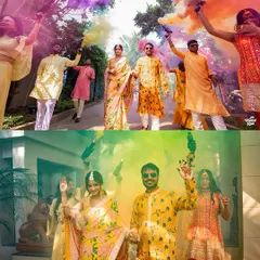 The pure, unadulterated joy of a Haldi ceremony, brought to life with vibrant color bombs. I focus on capturing the real energy and fun of pre-wedding festivities.