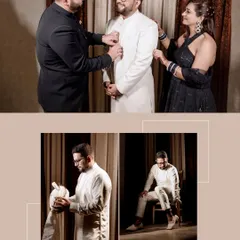 A collage capturing the groom's getting-ready process, surrounded by his loved ones. These shots show the support and joy of family, as well as solo portraits of the groom looking sharp.