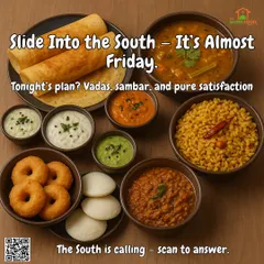 Slide into the delicious world of South Indian cuisine. This spread features crispy dosas, fluffy idlis, savory vadas, and a variety of fresh chutneys and sambar, all made with authentic recipes.