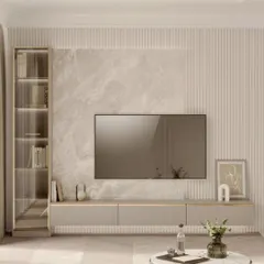 This TV unit design combines a marble-look backdrop with fluted paneling and a sleek, glass-fronted display cabinet, offering a perfect blend of texture and sophistication.