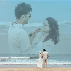 A creative double exposure shot on a Goa beach. This artistic technique blends a wide shot of the couple by the sea with a more intimate portrait, telling a story of both their journey and their connection.