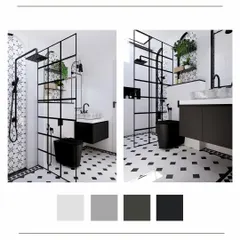 The final render of the monochrome bathroom, demonstrating the striking contrast of black and white and the use of different tile patterns.