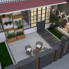 This top-down render shows the complete layout for a client's front verandah. The design creates distinct zones for relaxation and meditation, with a seating area, a water feature with a Buddha statue, and vertical gardens.