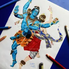 A dynamic colored pencil drawing of Shiva and Parvati in the Tandava dance. This shows how to use color to create movement and energy in spiritual art.