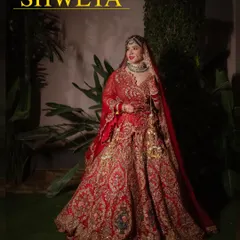A stunning outdoor bridal portrait taken at night. The lighting highlights the rich detail and color of the bride's red and gold lehenga, creating a regal and glamorous look.