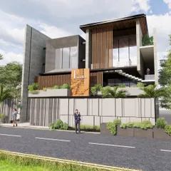 An angled render of 'The Stepped Outhouse,' highlighting the external staircase and the depth created by the layered volumes. The design uses a palette of monoblock concrete and wood for a minimalist yet warm aesthetic.