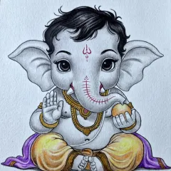 Here is my drawing of Bal Ganesha, capturing his innocent and gentle nature. I used pencil for the shading and added soft color to his dhoti and the ladoo in his hand, bringing a warm and playful feel to the sketch.