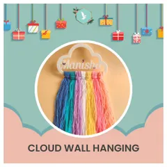 This whimsical cloud wall hanging makes a wonderful addition to a child's room. We personalize it with their name and a rainbow of colorful yarn, creating a unique piece of decor.
