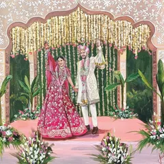 This painting captures the joy of a Jaimala ceremony. I focused on the bride's vibrant pink lehenga and the cheerful moment under a canopy of flowers, creating a lively and detailed wedding scene.