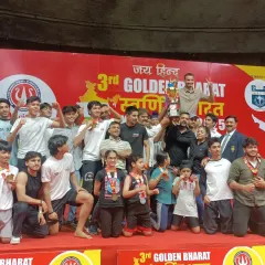The whole team celebrating a victory at the 3rd Golden Bharat Kickboxing Cup. We win as a team and we celebrate as a team.