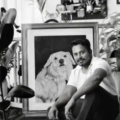 Here I am with the finished pet portrait. As a dog lover myself, I take special care to capture the spirit of each animal I draw.