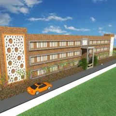 This is a 3D visualization of a school I designed in Agra. My goal for this institutional project was to create an inspiring learning environment using durable materials like exposed brick and decorative jali screens for a unique and timeless facade.