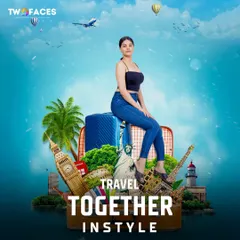 A creative graphic featuring a model sitting on a trolley bag that opens up to reveal famous world landmarks. This composite image is an example of our creative advertising solutions for travel and accessory brands.