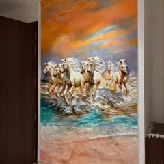 The full view of the 7 horses mural installed in a hallway. The piece is designed to be viewed from a distance, drawing you in with its scale and detailed composition.