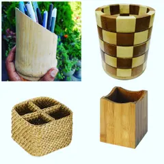 A collection of our sustainable stationery and utility holders, crafted from bamboo and cane. These stylish organizers are perfect for decluttering any workspace, holding everything from pens and cutlery to remote controls and mobile devices.
