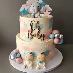 Oh Baby! A two-tier baby shower cake in pastel pink and blue. This cake is perfect for a gender reveal party, decorated with cute baby figurines and an elephant topper.