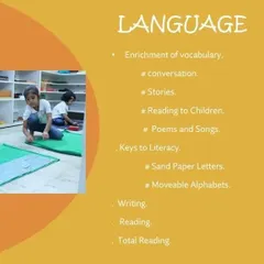 Language development is nurtured through conversation, stories, and tactile tools like sandpaper letters, which help children learn the sounds and shapes of the alphabet.
