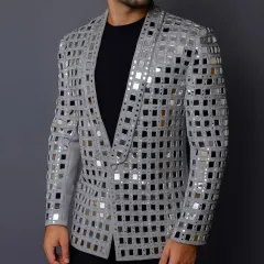 This jacket is all about bold texture and reflection, covered in a precise grid of real mirrors. It's an audacious choice for a cocktail party or sangeet performance.