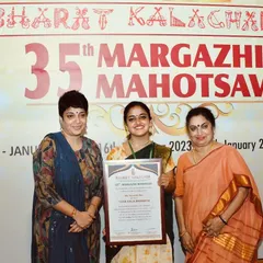 I was elated to be awarded the prestigious 'YUVA KALA BHARATHI' title from Bharat Kalachar during their 35th Margazhi Mahotsav. It is a huge honor and encouragement.