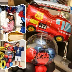A collage showing happy clients with their Spider-Man and firetruck themed birthday decor. I love seeing the joy my creations bring to the little ones.