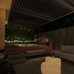 A night view of a private patio for a hotel suite in Ludhiana. The design features a luxurious jacuzzi, comfortable lounge seating under a pergola, and soft, ambient lighting to create a sophisticated and relaxing atmosphere.