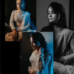 A collage of artistic bridal portraits, using a mix of color, black and white, and dramatic blue lighting to create different moods.