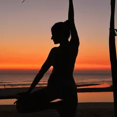 Where light meets dark, magic happens. A silhouette of Tree Pose (Vrksasana) against a stunning sunset, a pose that improves balance and grounds your energy.