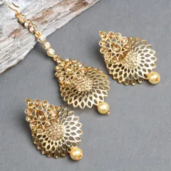 A duplicate of ID 49, this image shows a beautiful golden earring and tikka set with intricate filigree work and champagne-colored stones. It's lightweight and elegant.