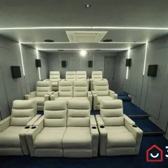 A full view of the multi-row recliner setup in this modern Madurai theater. Each seat is a premium, motorized recliner with its own cup holder, providing ultimate comfort for long movie sessions.
