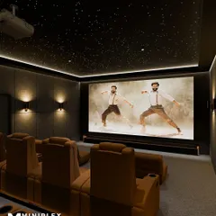 The 'Stellar Luxe' design is all about creating a celestial retreat. The fiber-optic galaxy ceiling is a client favorite, making you feel like you're watching movies under the stars. Paired with plush, tan leather recliners and perfect acoustics, it’s an escape from the everyday.