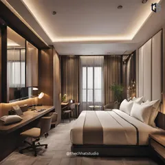 A functional and elegant workspace is essential in a modern hotel room. In this design, I integrated a long, seamless desk with ample lighting and ergonomic seating, ensuring guests can be productive in a beautiful and comfortable environment.