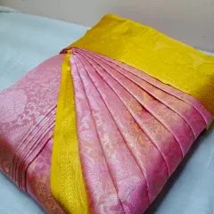 This pink and yellow saree was pleated for a client in Jayanagar. She was thrilled with how easy it was to drape for her event.
