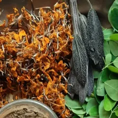 A collection of some of the beautiful, natural ingredients I use in my haircare products. Here you can see dried calendula, sage leaves, moringa, and various herbal powders.