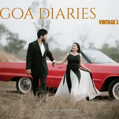 A cinematic "Goa Diaries" shot of a couple walking hand-in-hand away from their vintage red convertible, capturing a moment of vintage love and adventure.